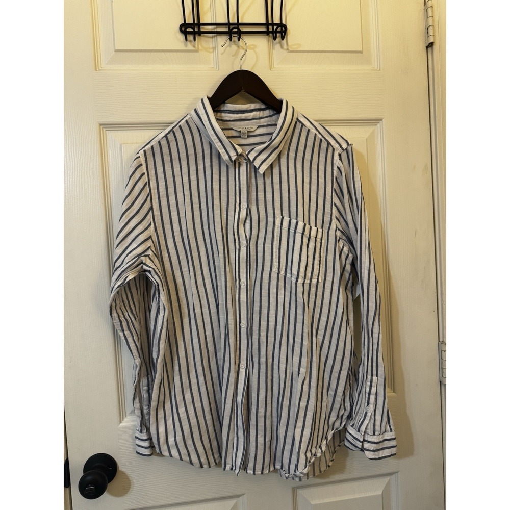 Lucky Brand Women's Striped Long Sleeve Button Down Shirt Blue/White Size Large